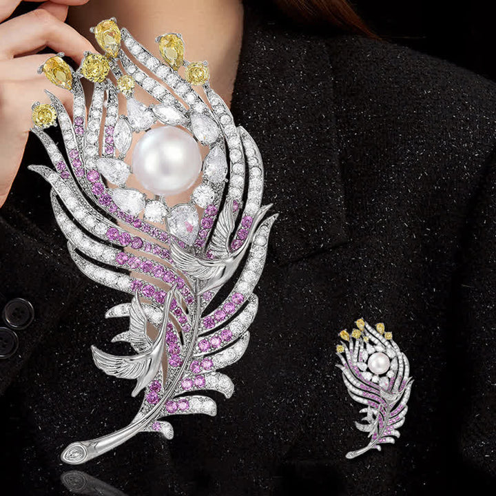 Unisex Pink & Yellow Rhinestone Pearl Feather Shape Brooch - image 1