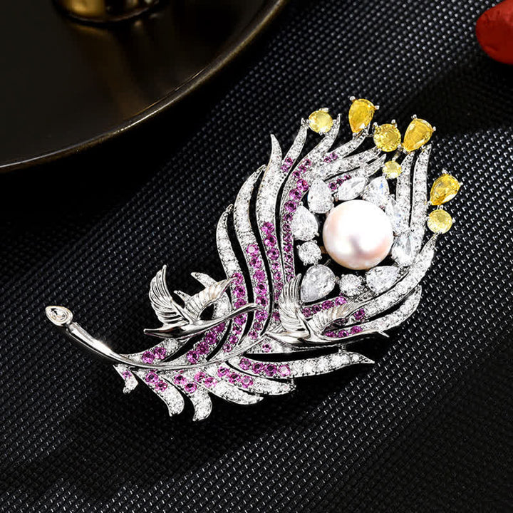 Unisex Pink & Yellow Rhinestone Pearl Feather Shape Brooch - image 2