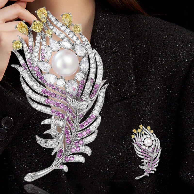Unisex Pink & Yellow Rhinestone Pearl Feather Shape Brooch - image 1