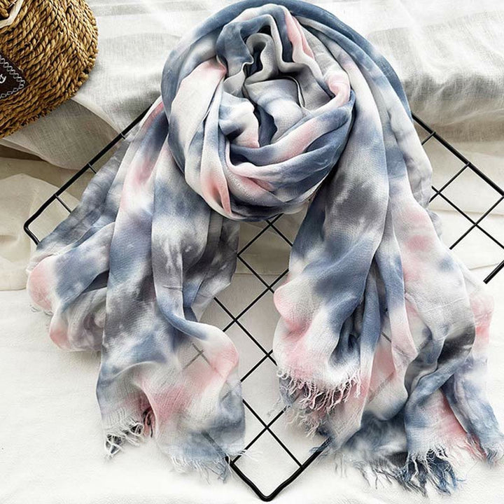 Women's Tie Dye Art Printed Lightweight Shawl Thin Scarf - Blue Gray Pink - image 17