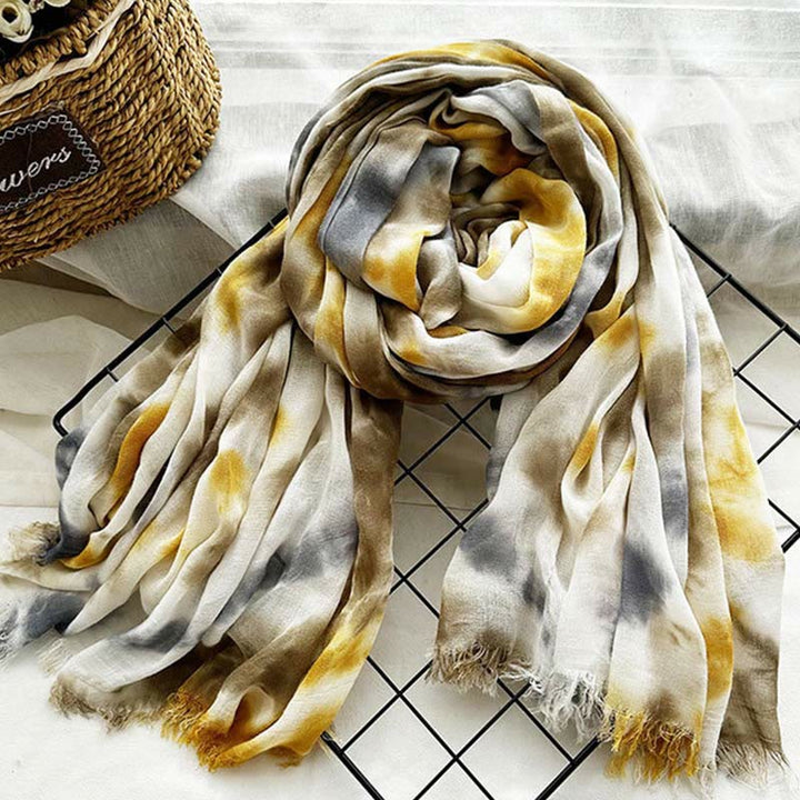Women's Tie Dye Art Printed Lightweight Shawl Thin Scarf - Yellow Gray - image 7