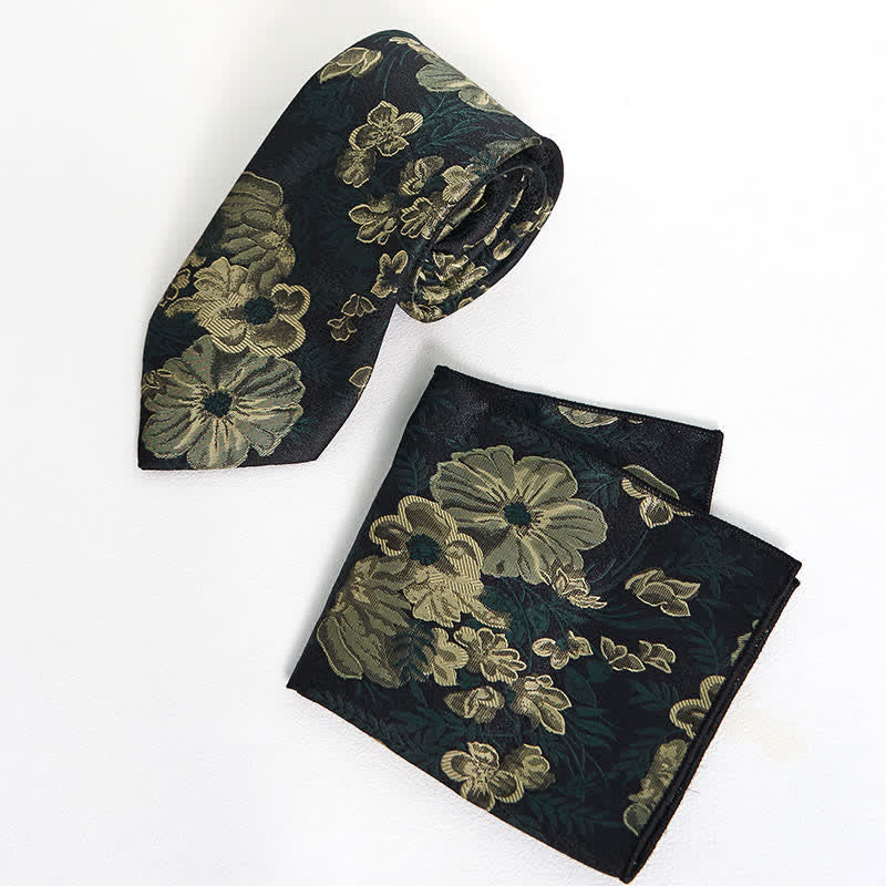 Men's Pine Forest Green Floral Necktie Pocket Square