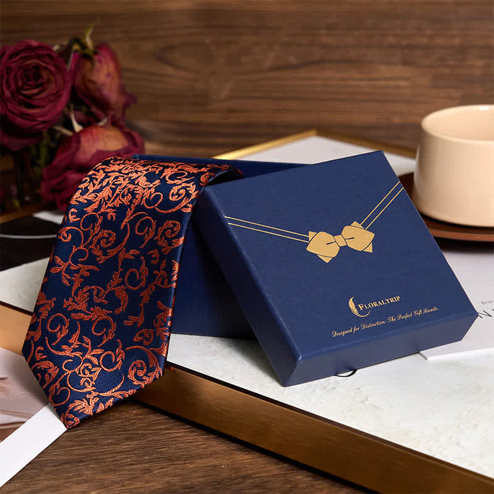 3Pcs Men's Orange Vine & Navy Necktie Set