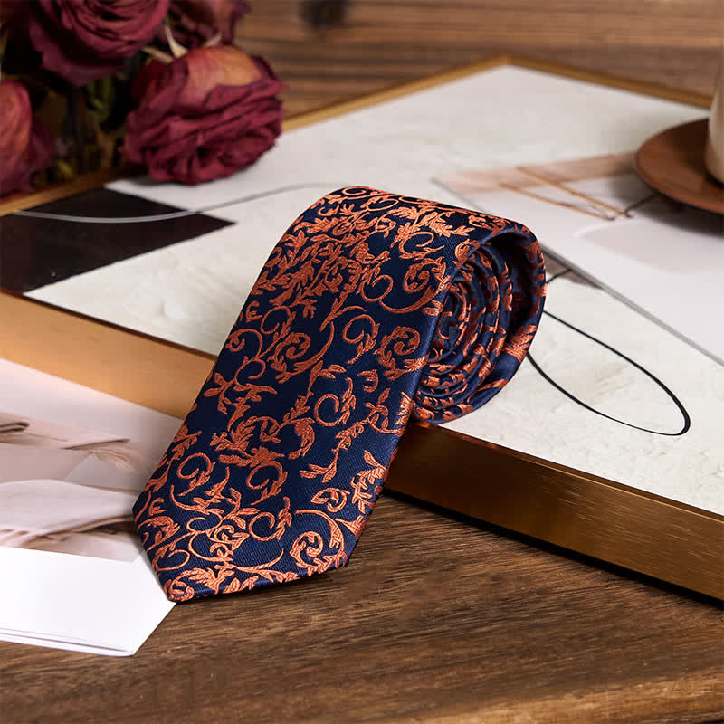 3Pcs Men's Orange Vine & Navy Necktie Set