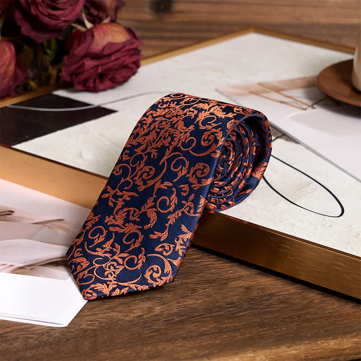 3Pcs Men's Orange Vine & Navy Necktie Set