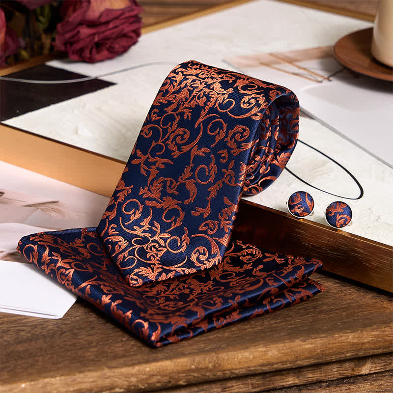 3Pcs Men's Orange Vine & Navy Necktie Set - image 1