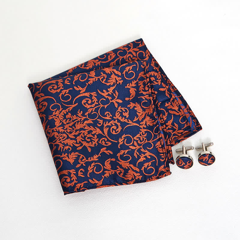 3Pcs Men's Orange Vine & Navy Necktie Set
