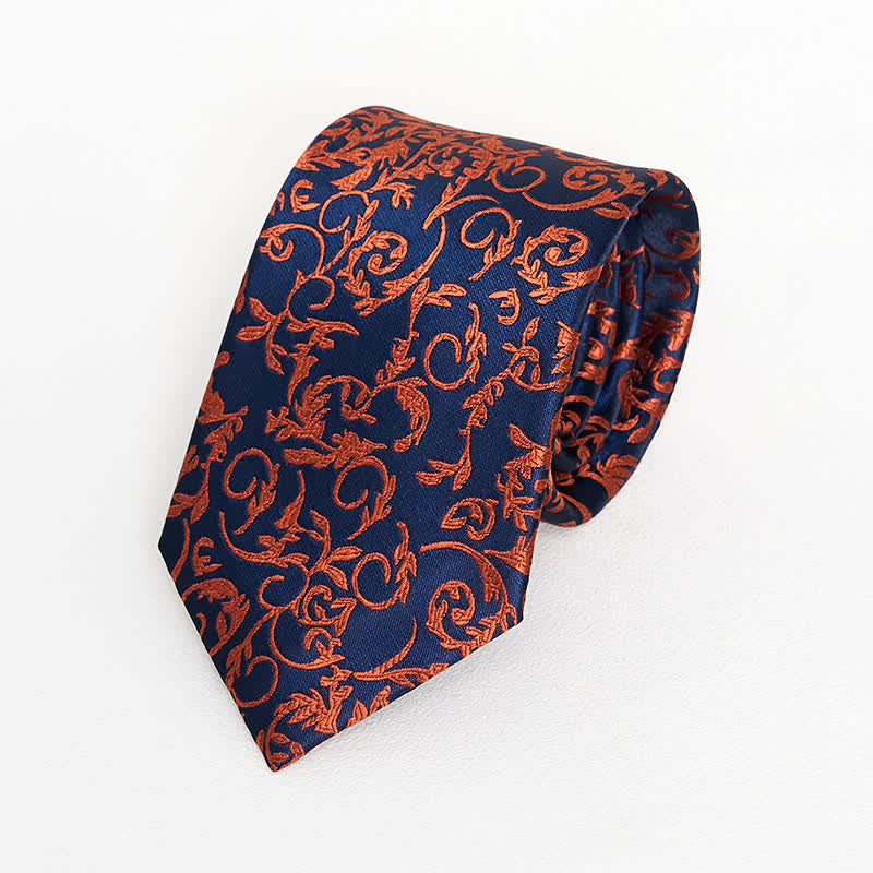 3Pcs Men's Orange Vine & Navy Necktie Set