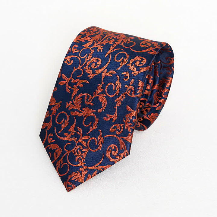 3Pcs Men's Orange Vine & Navy Necktie Set