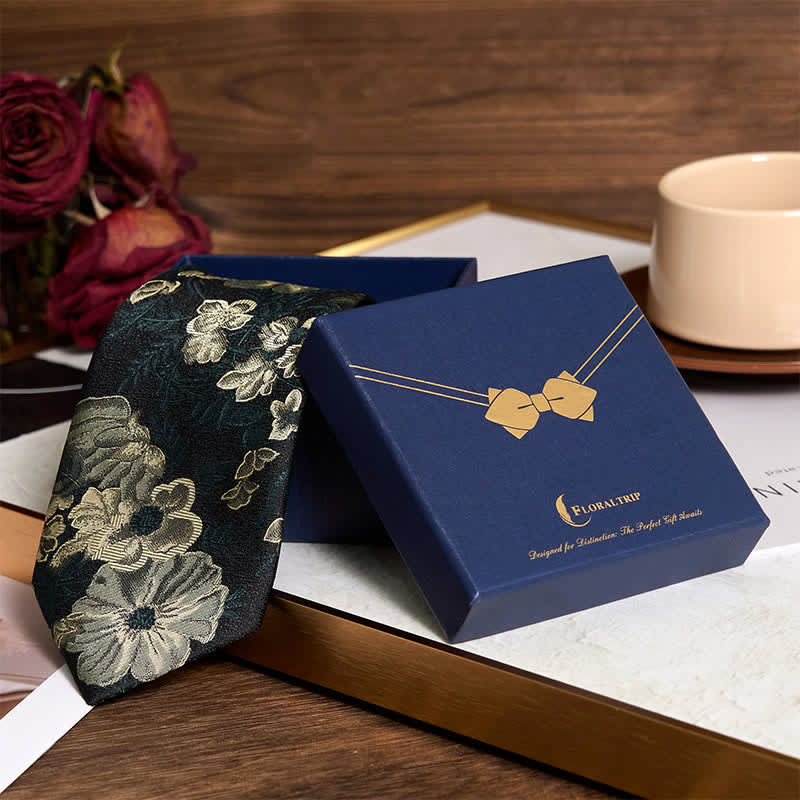 Men's Pine Forest Green Floral Necktie Pocket Square