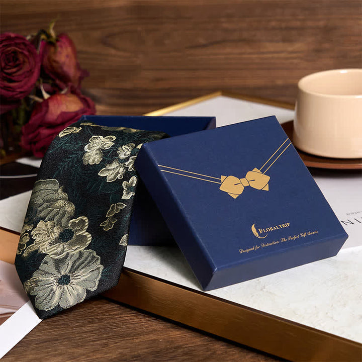 Men's Pine Forest Green Floral Necktie Pocket Square