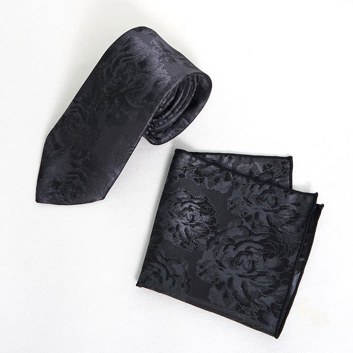 Men's Black Peony Classic Flower Business Necktie Pocket Square - Necktie + Pocket Square - image 7