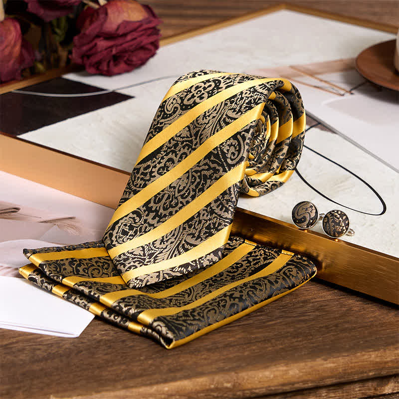 3Pcs Men's Yellow Striped Paisley Necktie Set