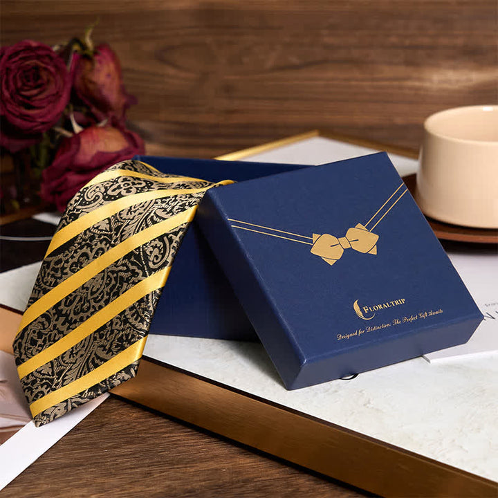 3Pcs Men's Yellow Striped Paisley Necktie Set