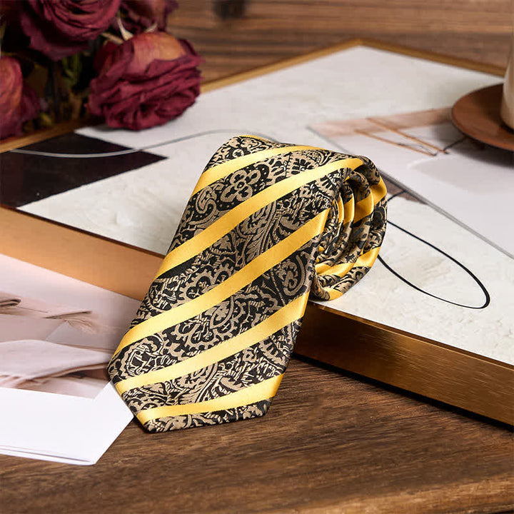 3Pcs Men's Yellow Striped Paisley Necktie Set