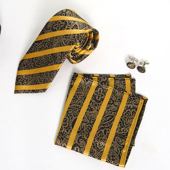 3Pcs Men's Yellow Striped Paisley Necktie Set