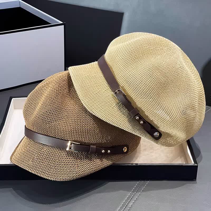Women's Woven Leather Band Decor Beach Straw Beret Hat