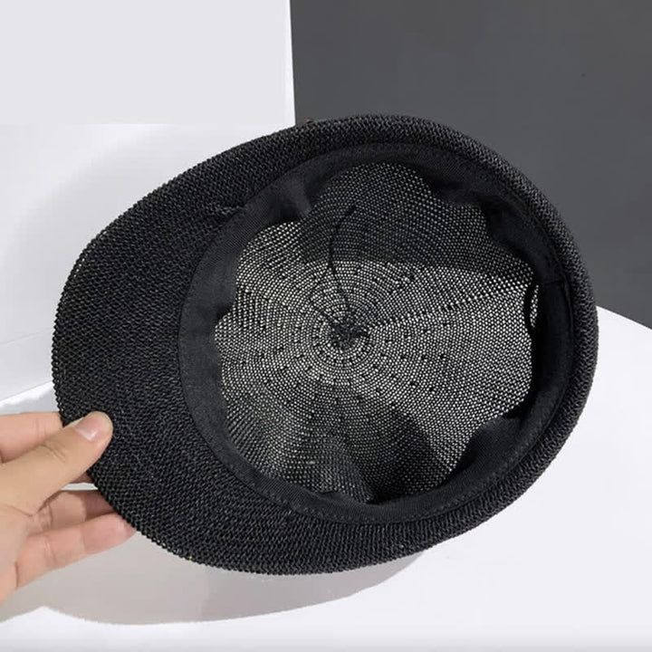 Women's Woven Leather Band Decor Beach Straw Beret Hat