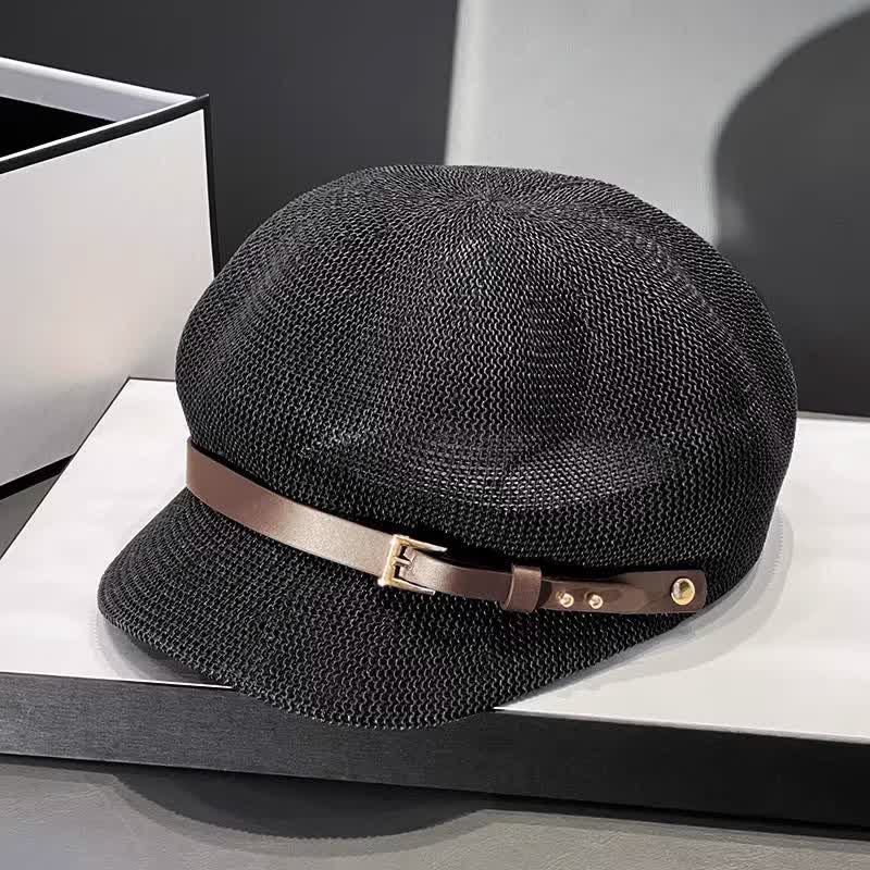 Women's Woven Leather Band Decor Beach Straw Beret Hat