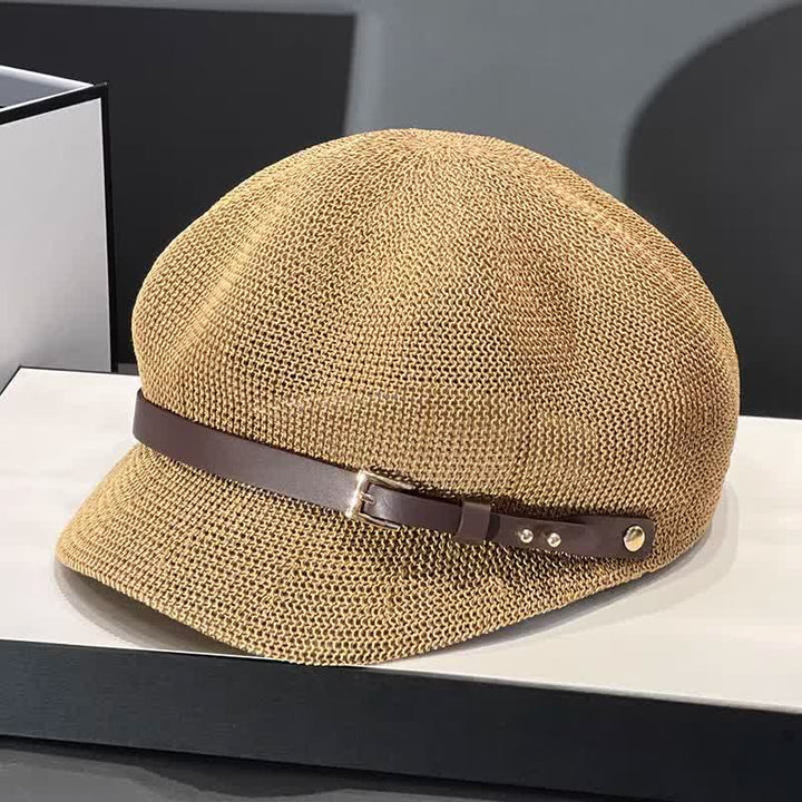 Women's Woven Leather Band Decor Beach Straw Beret Hat - Khaki - Adjustable (21 1/4"-23 5/8") - image 0