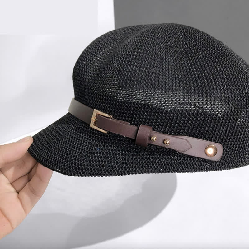 Women's Woven Leather Band Decor Beach Straw Beret Hat