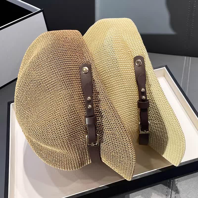 Women's Woven Leather Band Decor Beach Straw Beret Hat