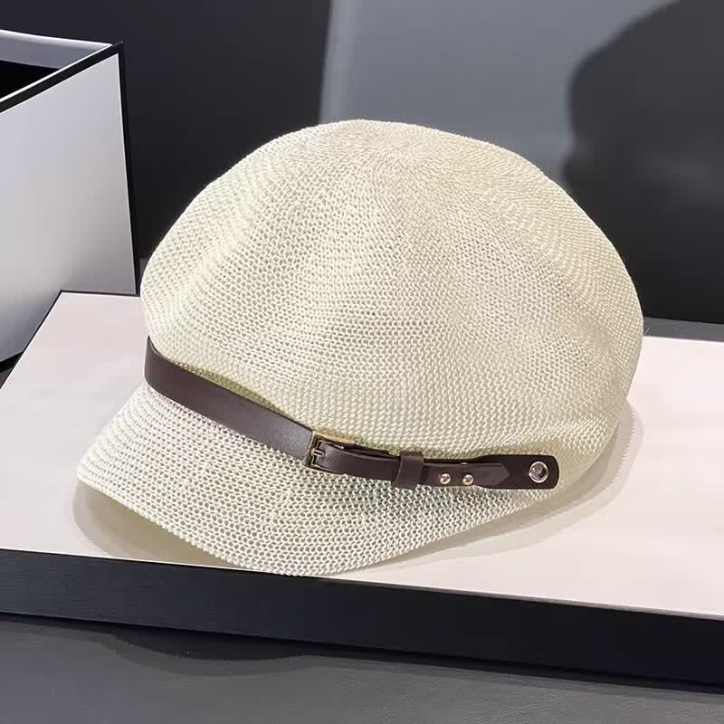 Women's Woven Leather Band Decor Beach Straw Beret Hat