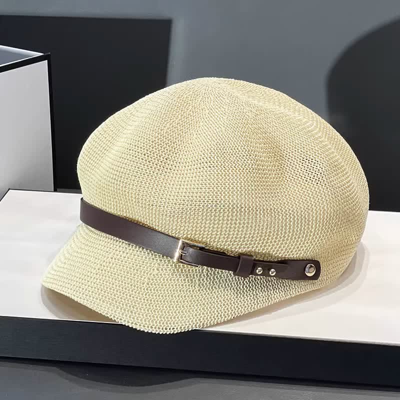 Women's Woven Leather Band Decor Beach Straw Beret Hat
