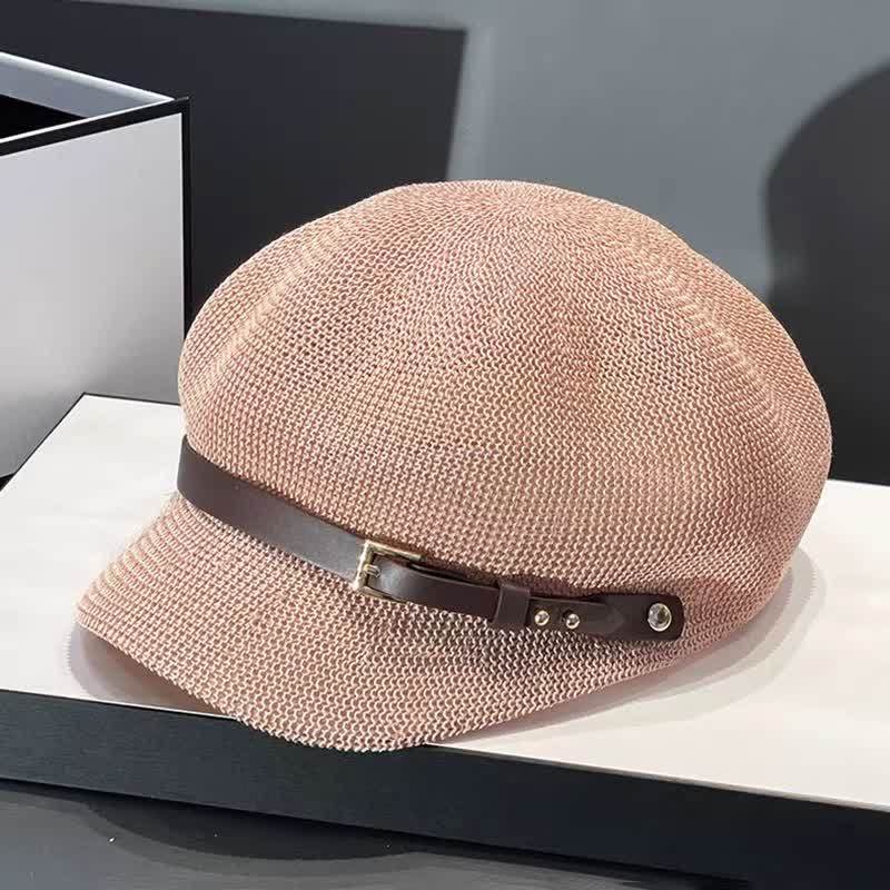 Women's Woven Leather Band Decor Beach Straw Beret Hat