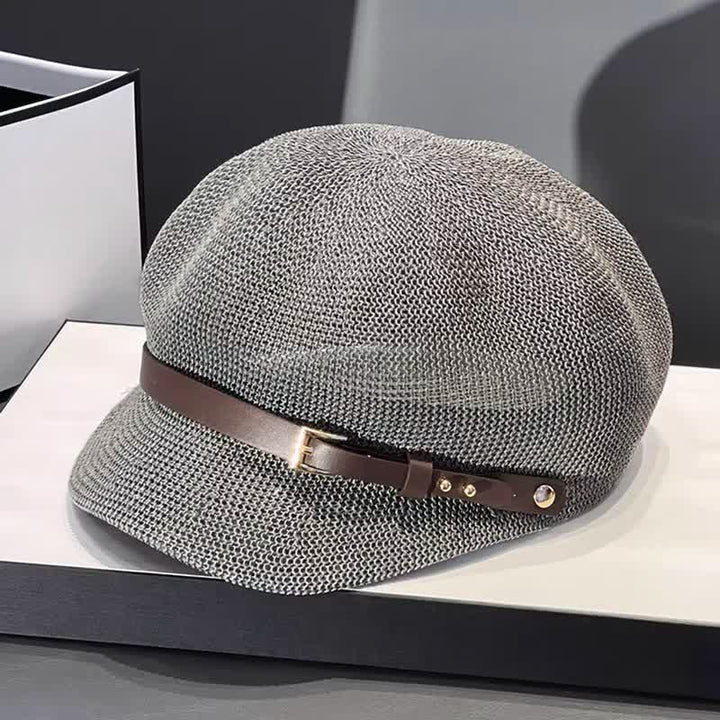 Women's Woven Leather Band Decor Beach Straw Beret Hat