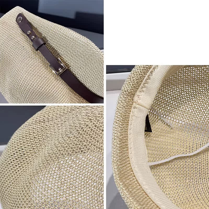 Women's Woven Leather Band Decor Beach Straw Beret Hat