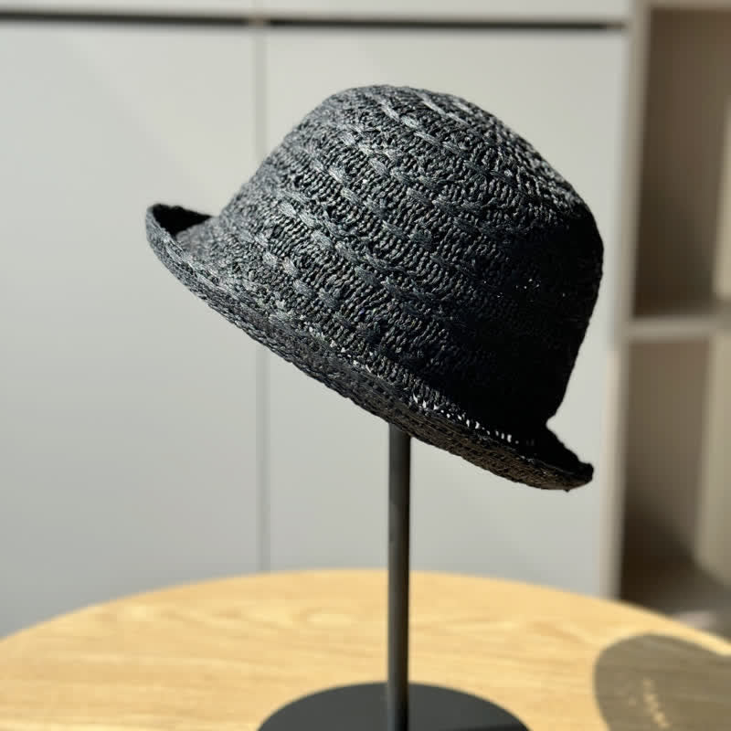 Unisex Rolled Edge Breathable Fisherman Straw Bucket Hat - Black - Adjustable (21 1/4"-23 5/8") - image 9