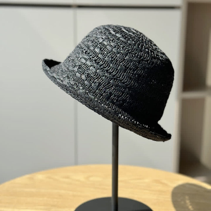 Unisex Rolled Edge Breathable Fisherman Straw Bucket Hat - Black - Adjustable (21 1/4"-23 5/8") - image 9