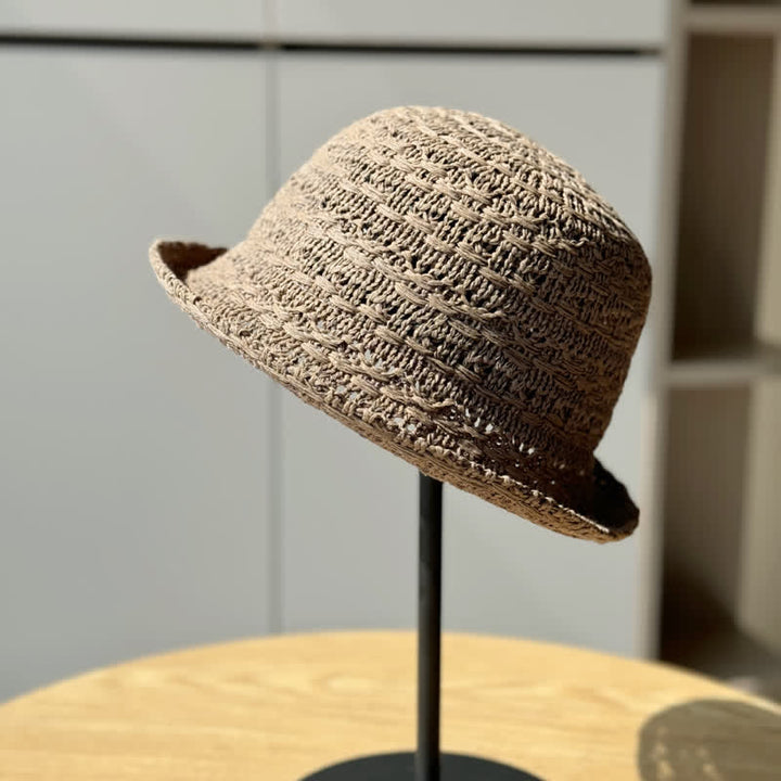 Unisex Rolled Edge Breathable Fisherman Straw Bucket Hat - Coffee - Adjustable (21 1/4"-23 5/8") - image 8