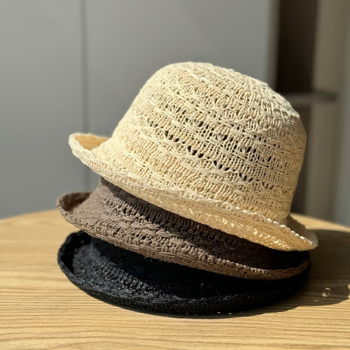 Unisex Rolled Edge Breathable Fisherman Straw Bucket Hat - image 2