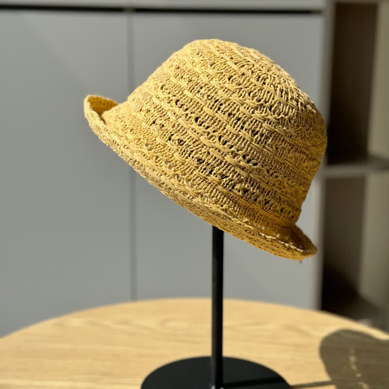 Unisex Rolled Edge Breathable Fisherman Straw Bucket Hat - Khaki - Adjustable (21 1/4"-23 5/8") - image 0