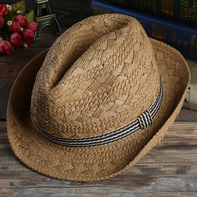 Unisex Boho Beach Handwork Summer Straw Fedora Hat - Khaki - M (22"-22 7/8") - image 0