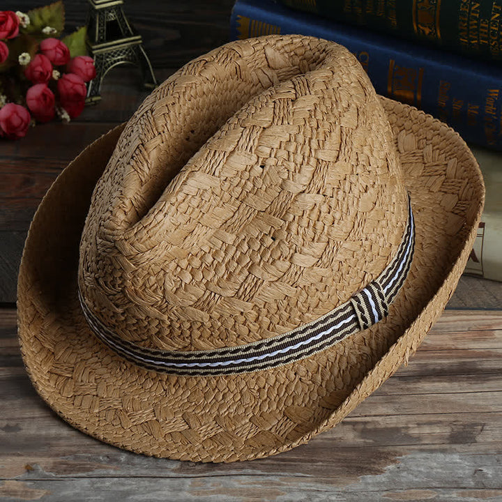 Unisex Boho Beach Handwork Summer Straw Fedora Hat - Khaki - M (22"-22 7/8") - image 0