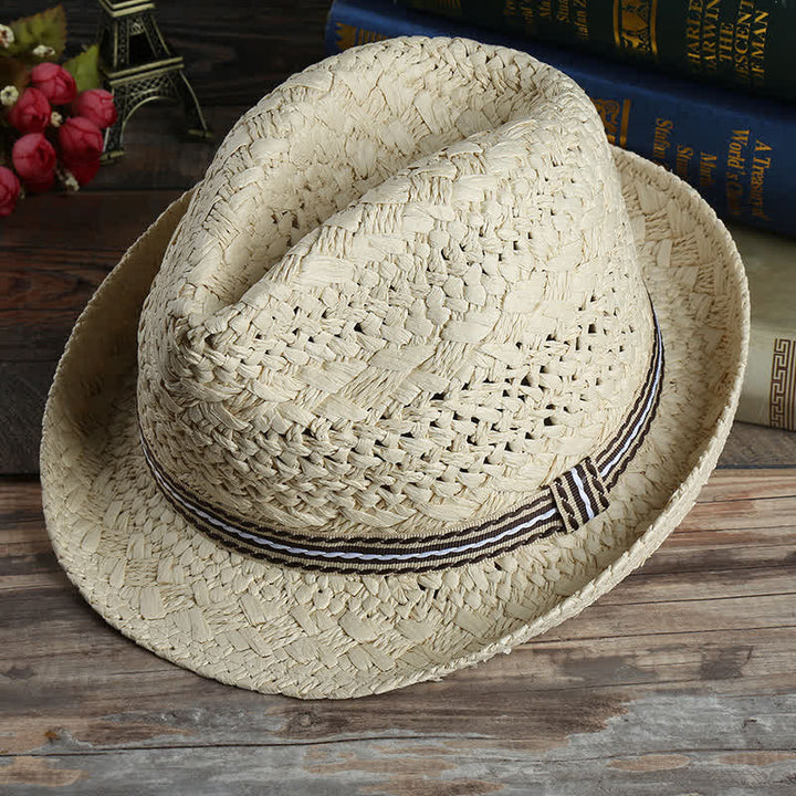 Unisex Boho Beach Handwork Summer Straw Fedora Hat - Ivory - M (22"-22 7/8") - image 1