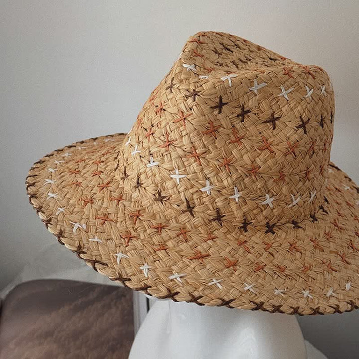Unisex Breathable Flat Top Large Eaves Straw Fedora Hat - image 2