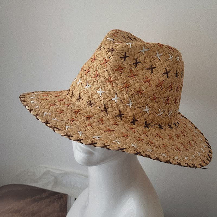 Unisex Breathable Flat Top Large Eaves Straw Fedora Hat - image 1