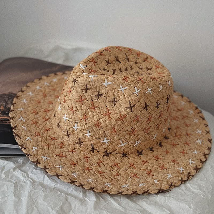 Unisex Breathable Flat Top Large Eaves Straw Fedora Hat - Khaki - L (23 1/4"-23 5/8") - image 0