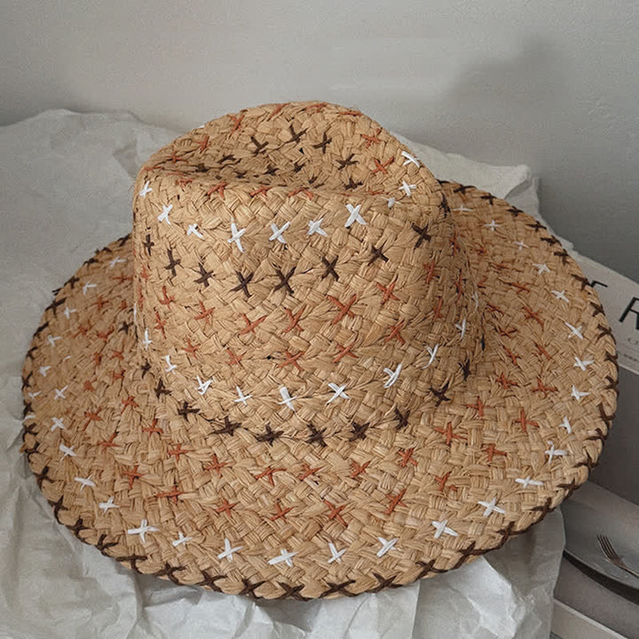 Unisex Breathable Flat Top Large Eaves Straw Fedora Hat