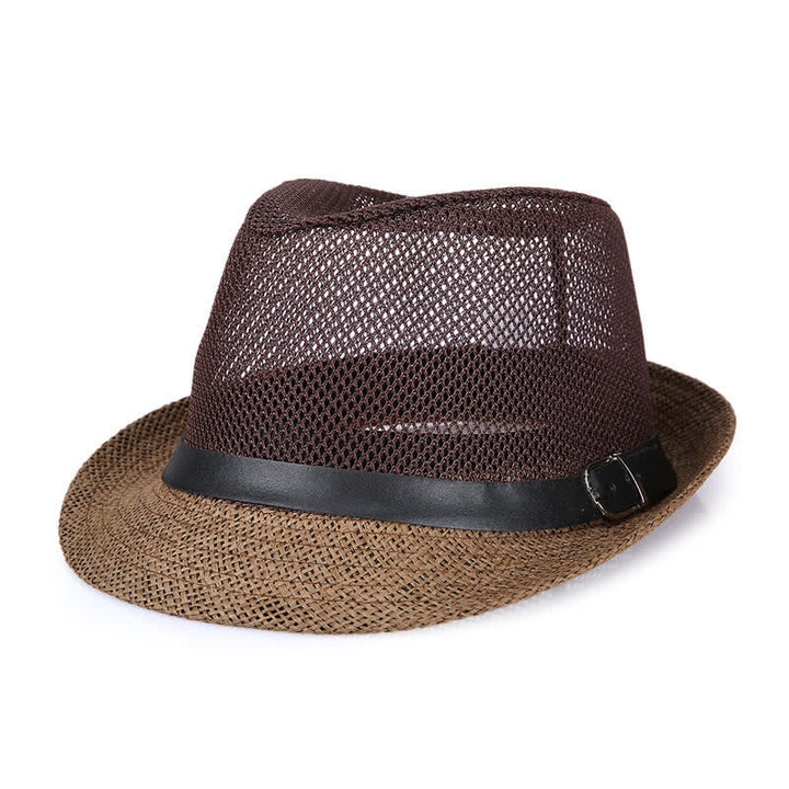 Men's Hollow Out Simple Panama Straw Fedora Hat - Coffee - L (23 1/4"-23 5/8") - image 8