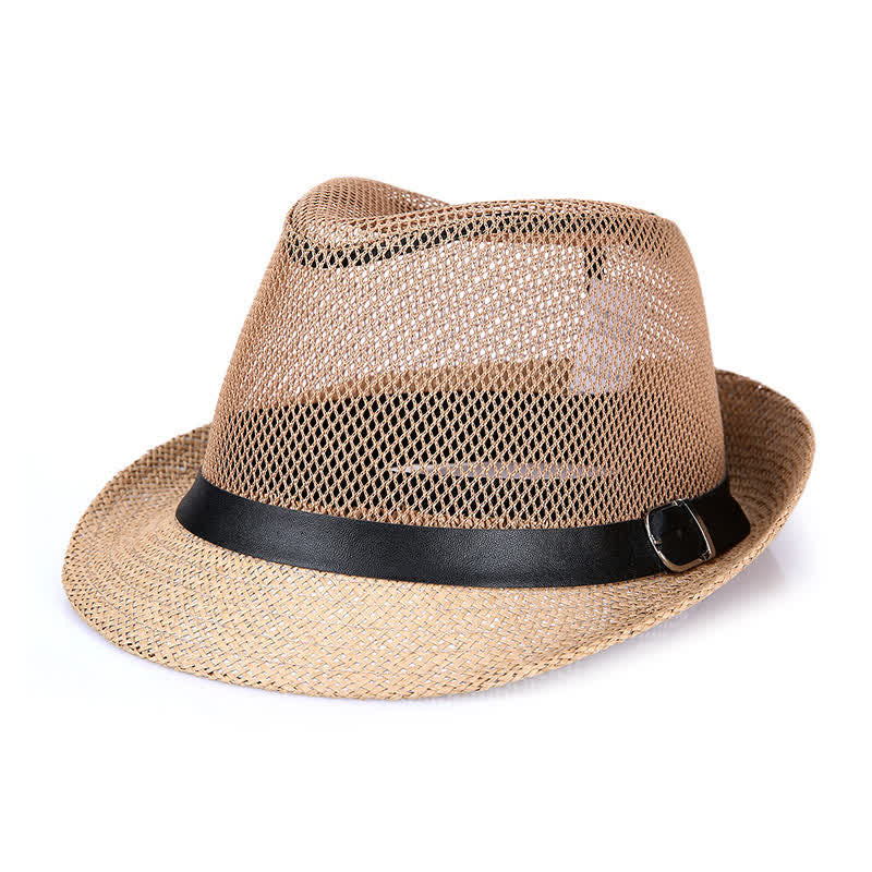 Men's Hollow Out Simple Panama Straw Fedora Hat - Khaki - L (23 1/4"-23 5/8") - image 3