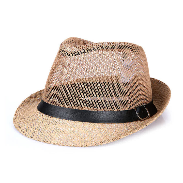Men's Hollow Out Simple Panama Straw Fedora Hat - Khaki - L (23 1/4"-23 5/8") - image 3
