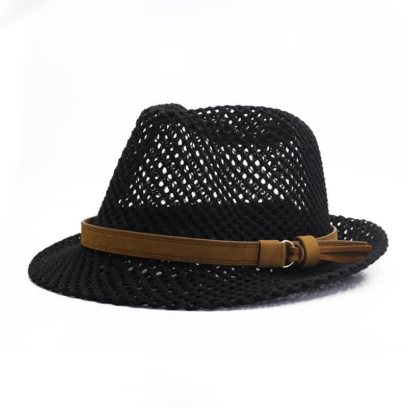 Men's Hand-Woven Casual Band Hollow Out Straw Fedora Hat - Black - M (22"-22 7/8") - image 1