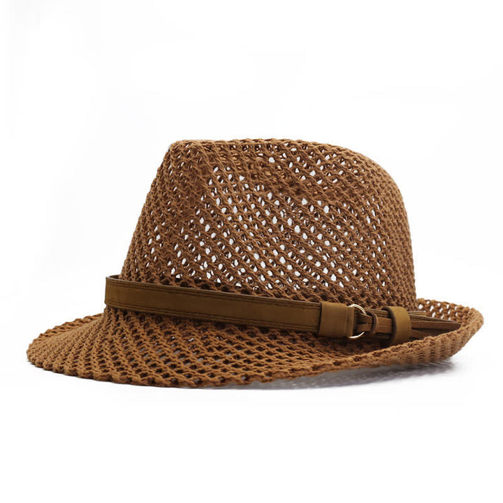 Men's Hand-Woven Casual Band Hollow Out Straw Fedora Hat - Brown - M (22"-22 7/8") - image 0