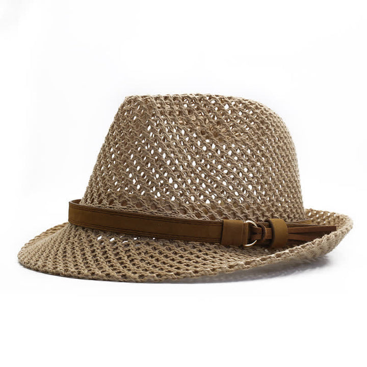 Men's Hand-Woven Casual Band Hollow Out Straw Fedora Hat - Khaki - M (22"-22 7/8") - image 4