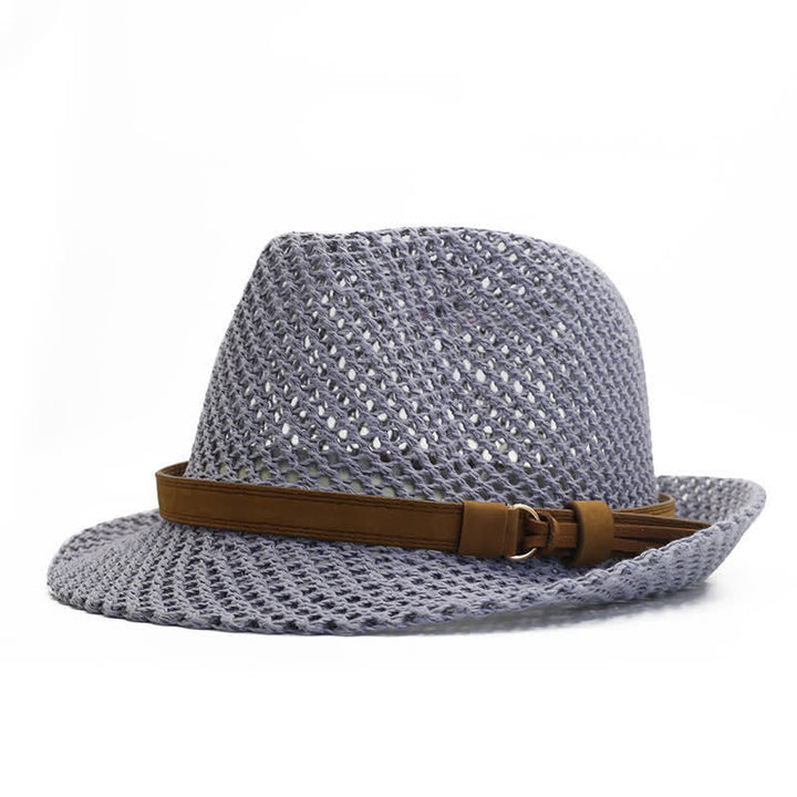 Men's Hand-Woven Casual Band Hollow Out Straw Fedora Hat - Gray - M (22"-22 7/8") - image 2